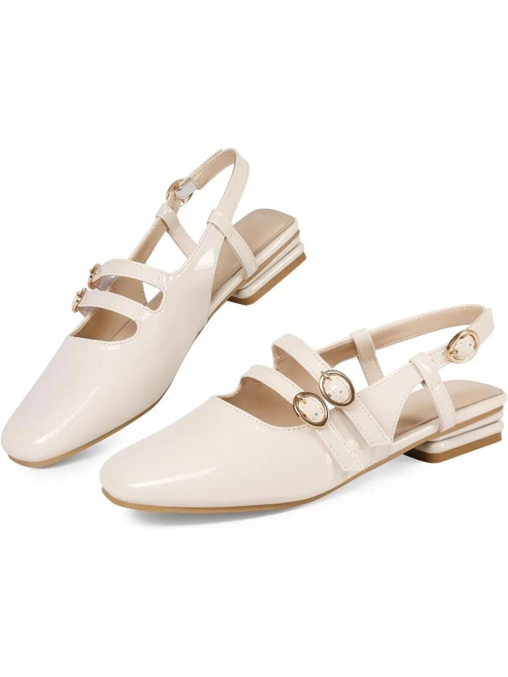 Women's Apricot Faux Leather Closed Square Toe Strap Slingback Low Heels Pumps
